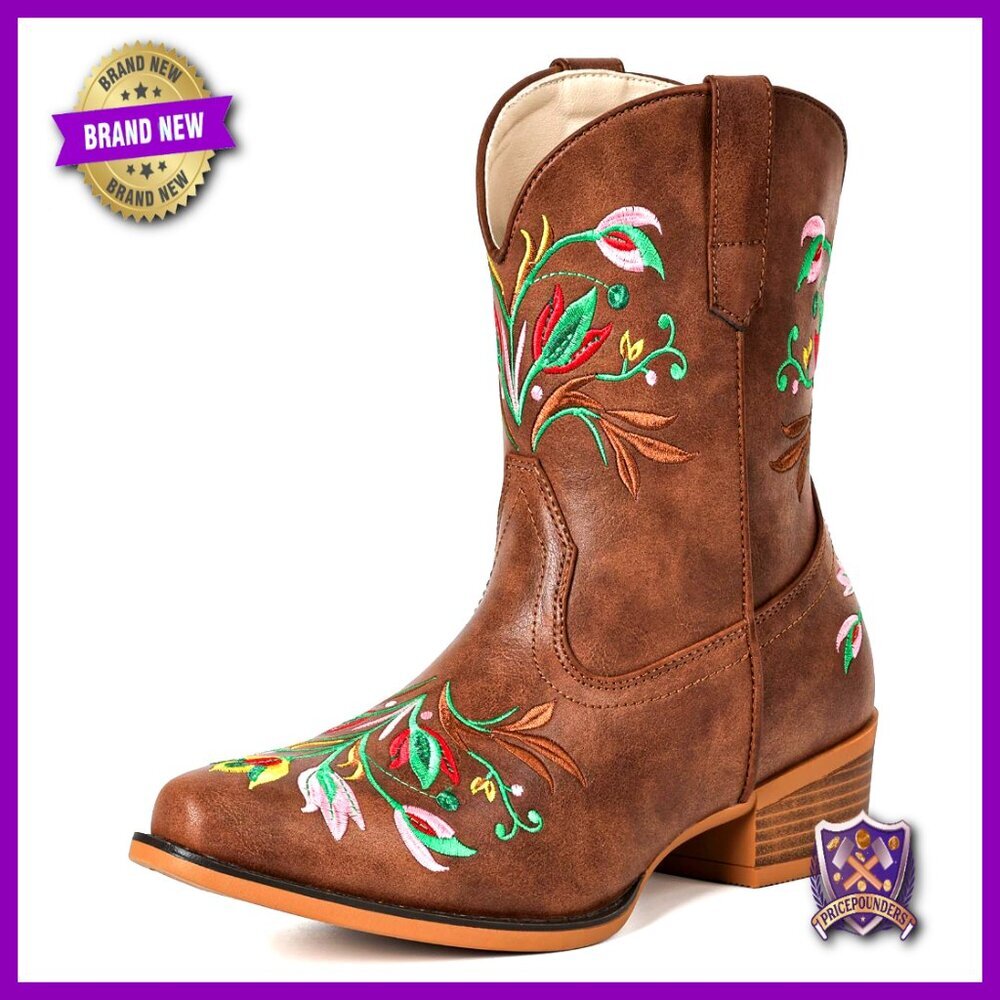 Western Cowgirl Boots Flower Embroidered Ankle Snip Toe Chunky Heel Retro
